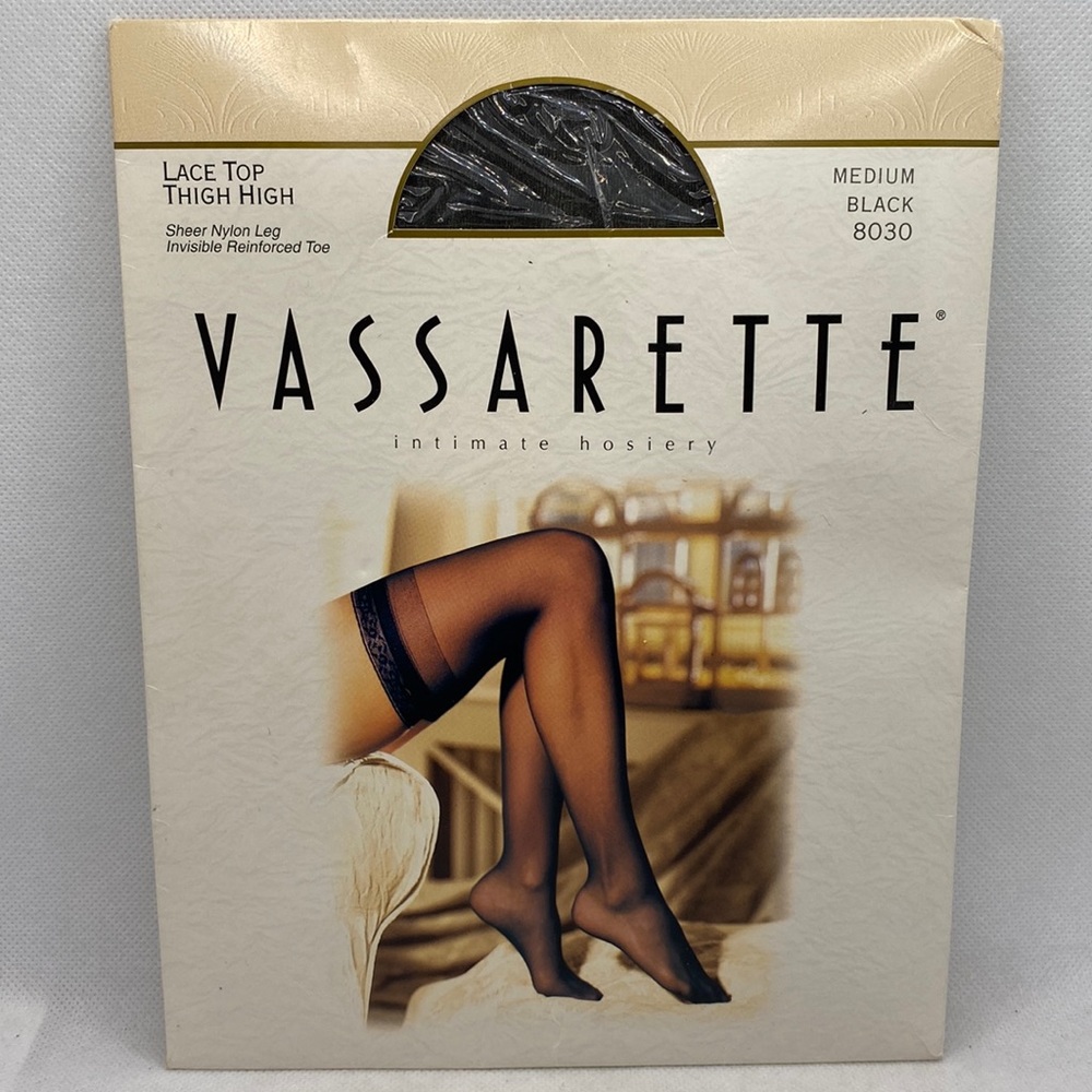Vassarette Lace Top Thigh High Intimate Hosiery Black Sheer 8030 Size Medium